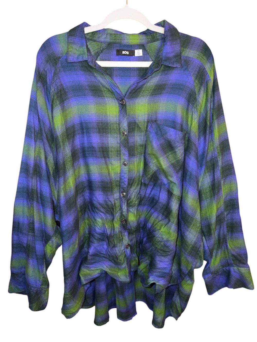BDG Purple/Green Oversized Plaid Flannel Button Down Shirt, Size Large